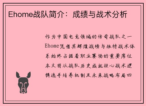 Ehome战队简介：成绩与战术分析