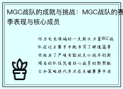 MGC战队的成就与挑战：MGC战队的赛季表现与核心成员