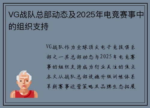 VG战队总部动态及2025年电竞赛事中的组织支持
